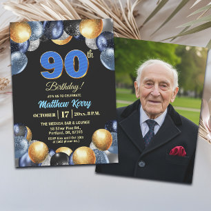 Elegant blå silver guld 90-års födelsedagsfoto  inbjudningar