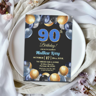 Elegant blå silver guld 90-årsfest inbjudningar
