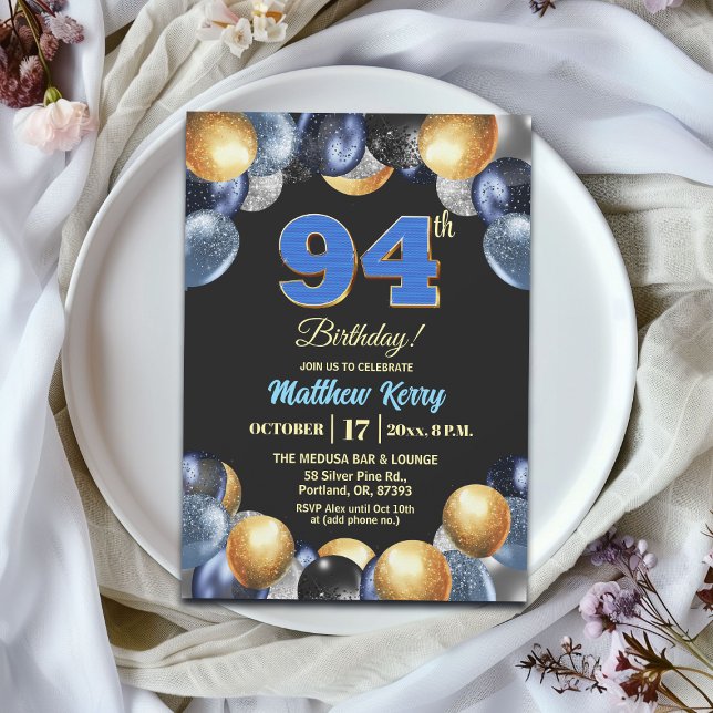 Elegant blå silver guld 94-års födelsedagsfest inbjudningar (Skapare uppladdad)