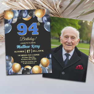 Elegant blå silver guld 94-års födelsedagsfoto inbjudningar