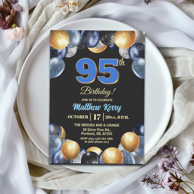 Elegant blå silver guld 95-års födelsedagsfest inbjudningar (Skapare uppladdad)