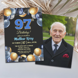 Elegant Blå Silver Guld 97-års födelsedagsfoto  Inbjudningar