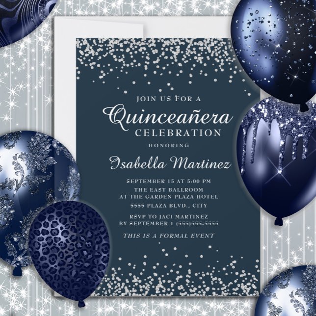 Elegant Blå Silver-konfetti Quinceañera Inbjudningar (Navy blue and silver glitter Quinceañera birthday party invitation)