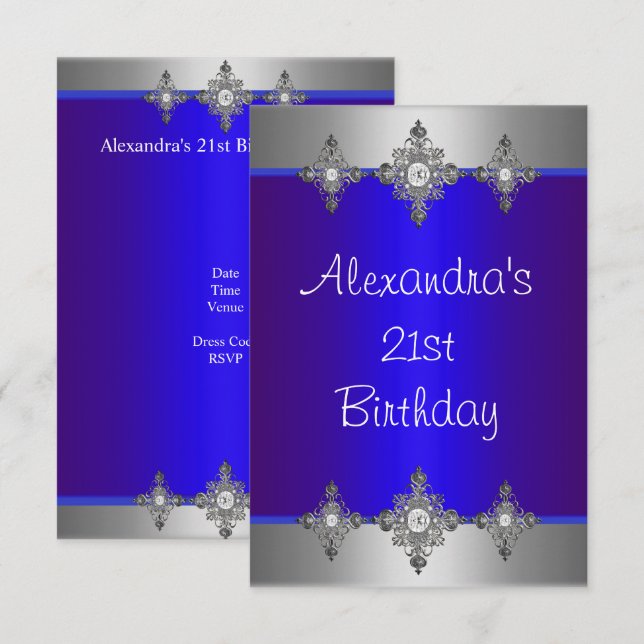 Elegant blå silver smycke 21-årsdag inbjudningar (Fram/baksida)