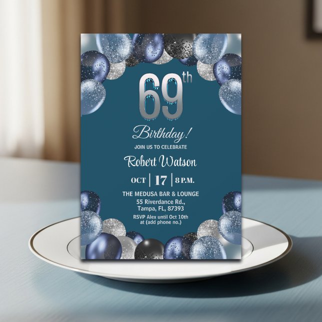 Elegant blå silverglitter 69-års födelsedagsfest inbjudningar (Skapare uppladdad)