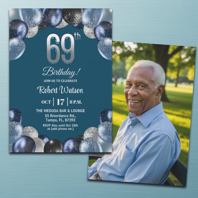 Elegant blå silverglitter 69-års födelsedagsfoto inbjudningar (Skapare uppladdad)