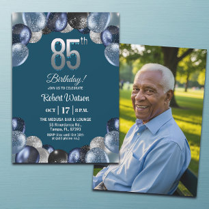 Elegant blå silverglitter 85-års födelsedagsfoto inbjudningar