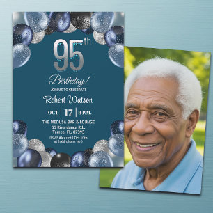 Elegant blå silverglitter 95-års födelsedagsfoto inbjudningar