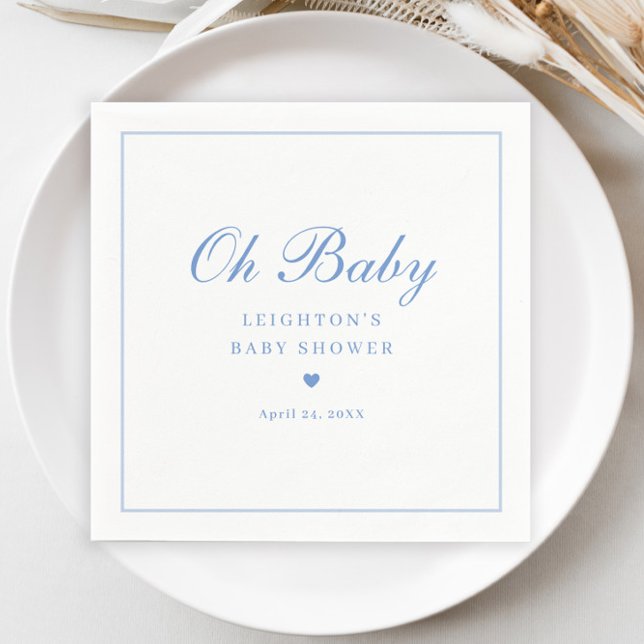 Elegant Blå Skrift Oh Baby Shower  Pappersservett (Elegant Blue Oh Baby Script Boys Baby Shower Napkins.)