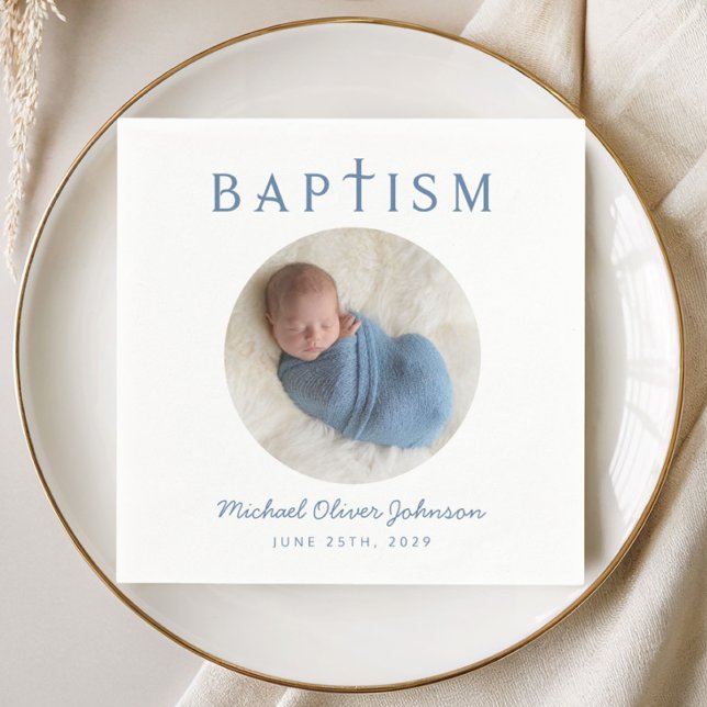 Elegant blå skript foto dop pappersservett (Elegant Blue Script Photo Baptism Napkins)