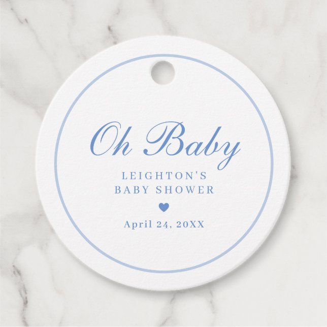 Elegant blå skript pojkar åh baby shower gåvor etiketter (Framsida)