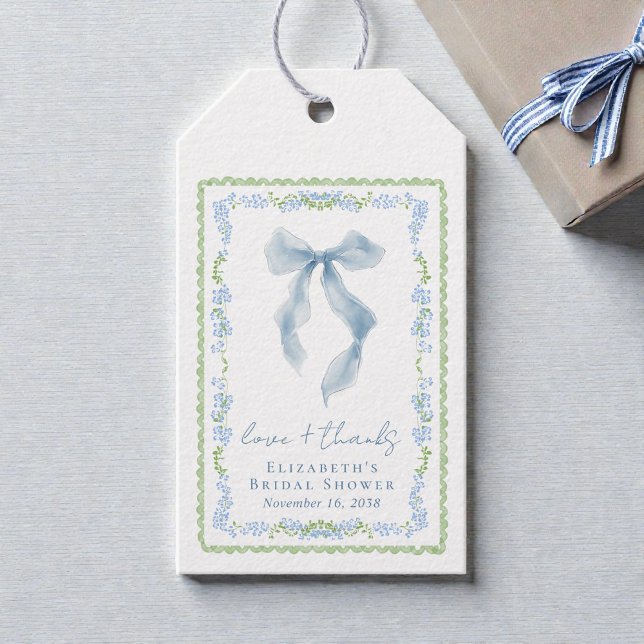 Elegant blå slinga bröllopsdusch tack presentetikett (Elegant Blue Bow Bridal Shower Thank You Gift Tags)