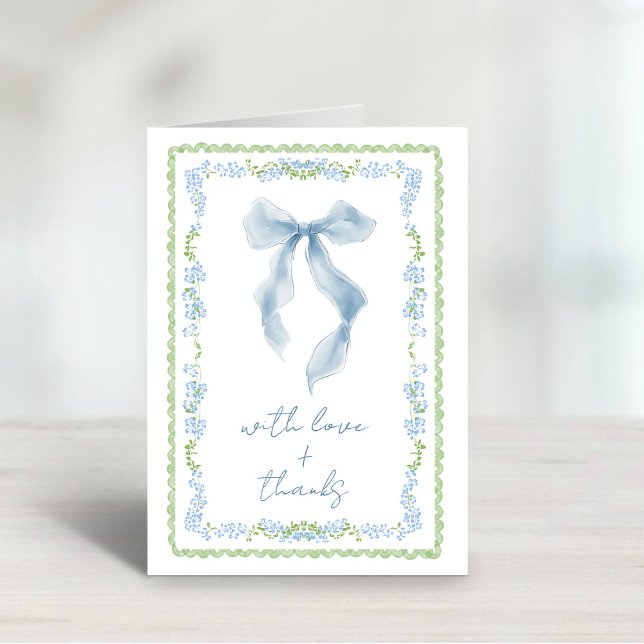 Elegant Blå Slinga Vattenfärg Bröllopsdusch  Tack Kort (Elegant Blue Bow Watercolor Bridal Shower Thank You Card)