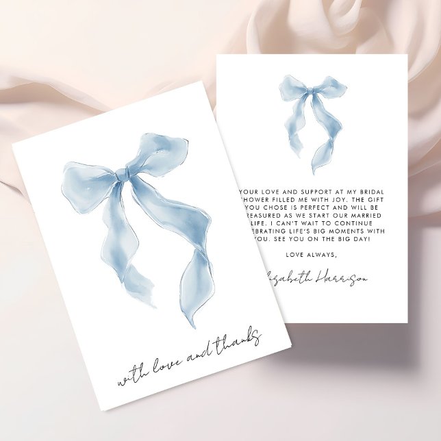 Elegant blå slinga vattenfärg bröllopsdusch tack kort (Elegant Blue Bow Watercolor Bridal Shower Thank You Card)