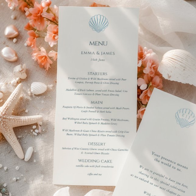 Elegant blå snigelskal elfenbens dubbelsidig bröll meny (Elegant Blue Seashell Ivory Double Side Wedding Menu)