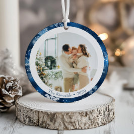 Elegant blå snöflinga dubbelsidig julfotografí julgransprydnad keramik