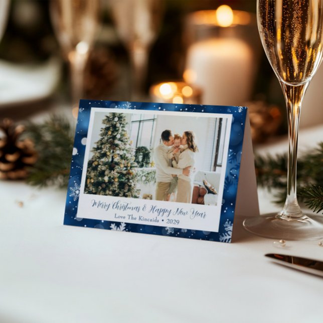 Elegant blå snöflinga jul vikad fotografikort helgkort (Skapare uppladdad)