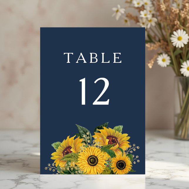 Elegant Blå solblommor Bröllop Bordsnummer (Elegant Navy Blue Sunflowers Wedding Table Number)