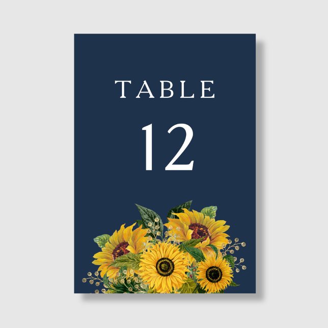 Elegant Blå solblommor Bröllop Bordsnummer (Elegant Navy Blue Sunflowers Wedding Table Number)