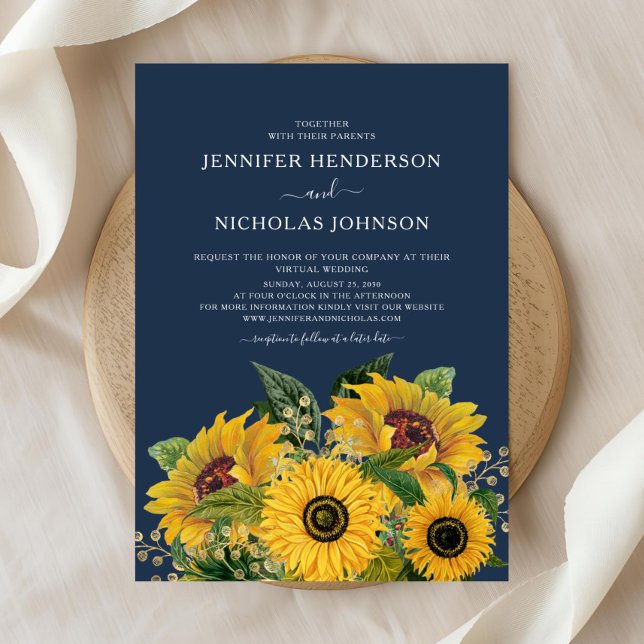 Elegant Blå solblommor Bröllop Inbjudningar (Elegant Navy Blue Sunflowers Wedding Invitation)