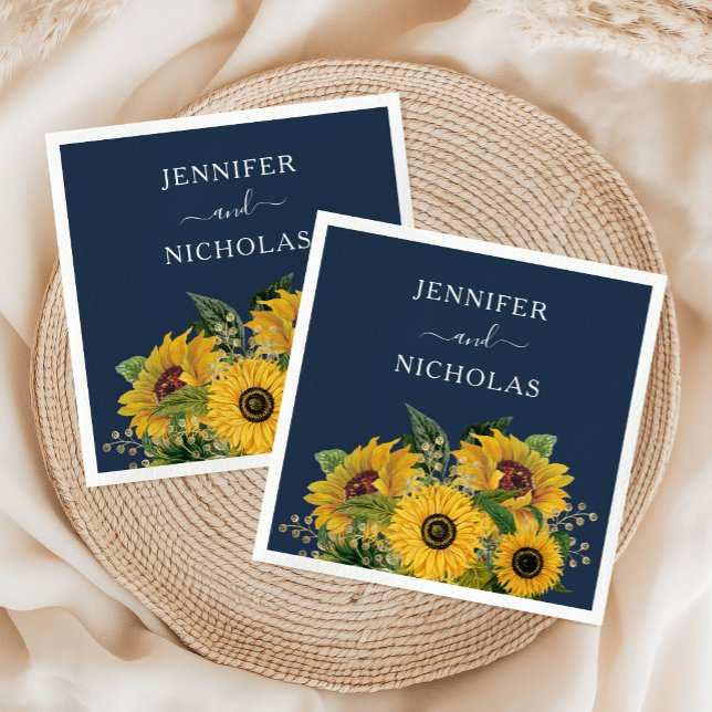 Elegant Blå solblommor Bröllop Pappersservett (Elegant Navy Blue Sunflowers Wedding Napkins)