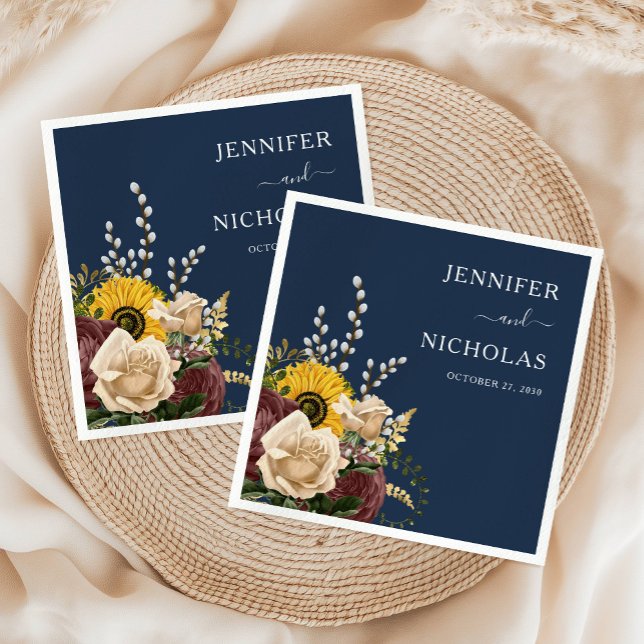 Elegant Blå solros Blommigt Bröllop Pappersservett (Elegant Navy Blue Sunflower Floral Wedding Napkins)