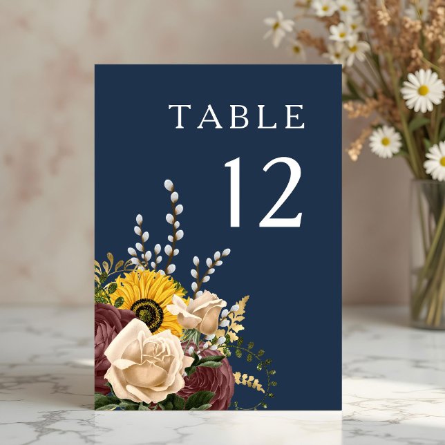 Elegant Blå solros Bröllop Bordsnummer (Elegant Navy Blue Sunflower Wedding Table Number)