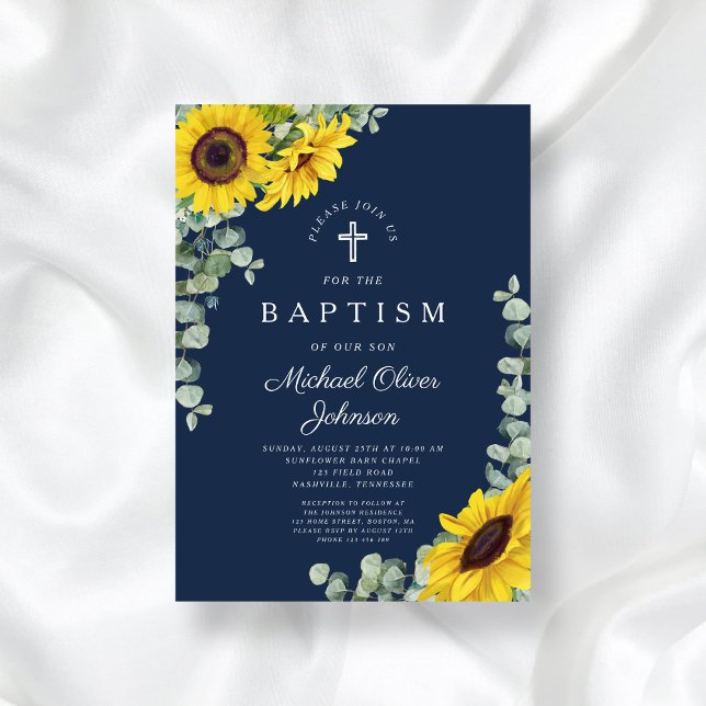 Elegant Blå solrosblomma Kor-baptism Inbjudningar (Elegant Navy Blue Sunflower Cross Baptism Invitation)