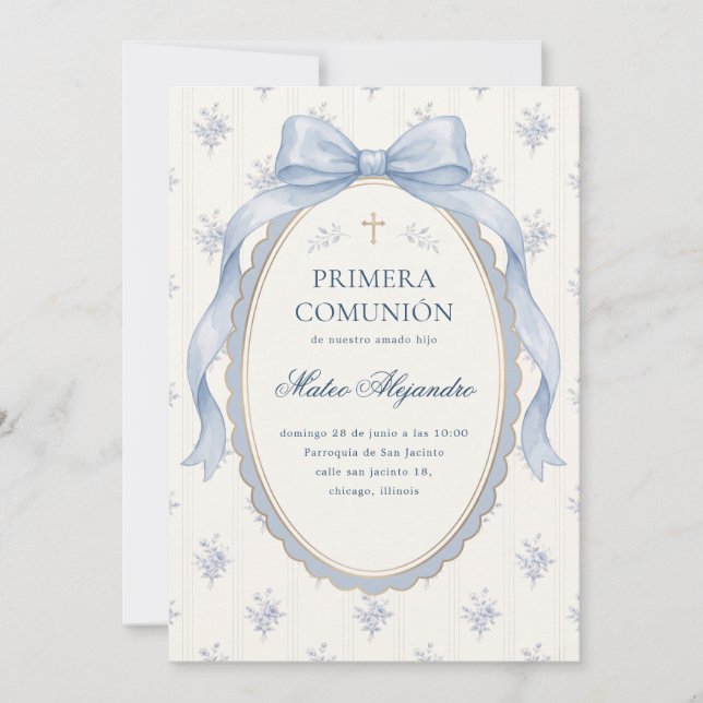 Elegant blå spansk bow Primera Comunión Inbjudningar (Framsida)