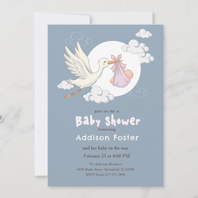 Elegant blå stork flicka baby shower inbjudningar (Framsida)