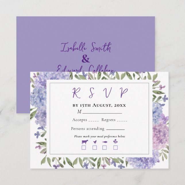 Elegant blå syren akvarell hortensia bröllop OSA kort (Fram/baksida)