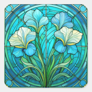 Elegant blå teal blomsterkonst nouveau glasmålning fyrkantigt klistermärke
