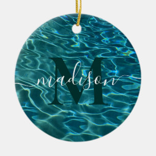 Elegant blå teal vatten mönster oceanen sjö vinkar julgransprydnad keramik