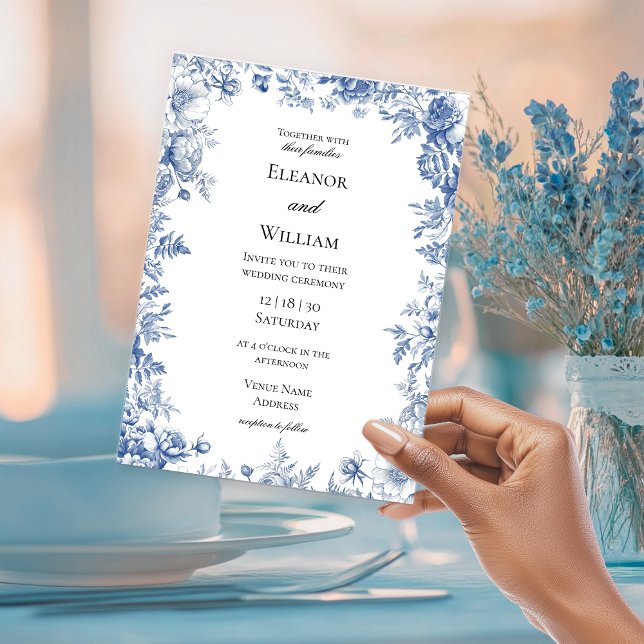 Elegant Blå Toile Blommig Bröllop Inbjudningar (Skapare uppladdad)