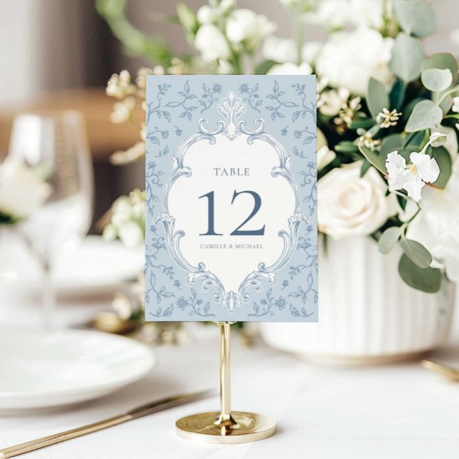 Elegant blå Toile bröllopsbord nummerkort Bordsnummer (Blue Toile Wedding Table Numbers)