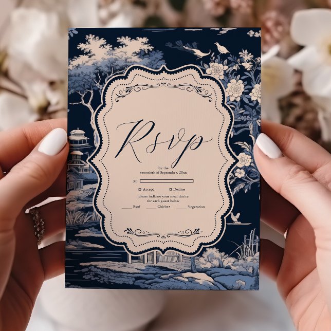 Elegant Blå Toile De Jouy Bröllop OSA Kort (Skapare uppladdad)