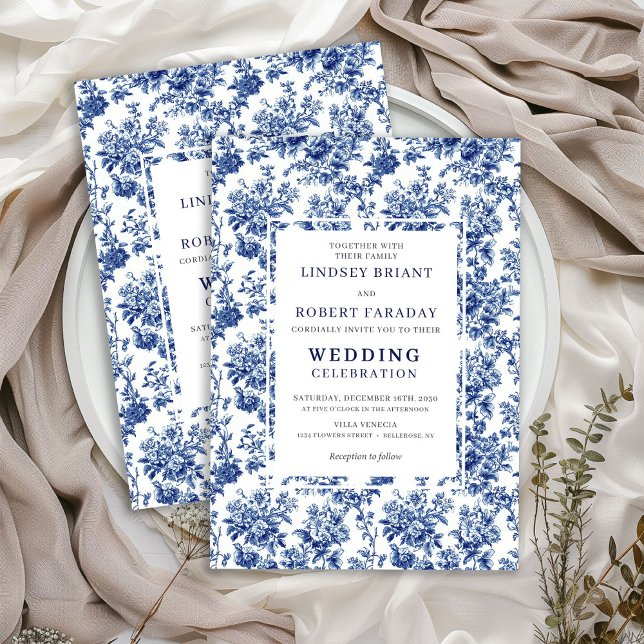 Elegant blå Toile de Jouy bröllopsinbjudan Inbjudningar (Chic Blue Toile de Jouy Elegant Wedding Invitation)