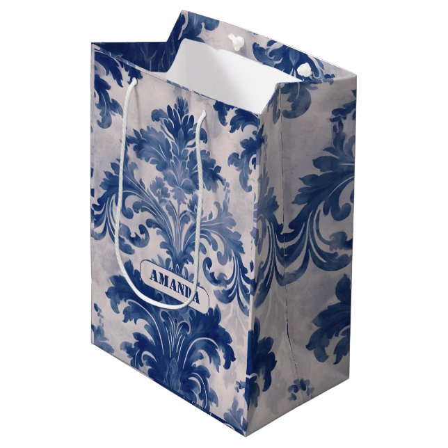 Elegant blå Toile de Jouy-damaskmonogram (Framsidan Vinklad)