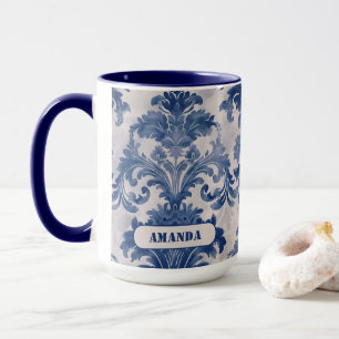 Elegant blå Toile de Jouy-damaskmonogram Mugg