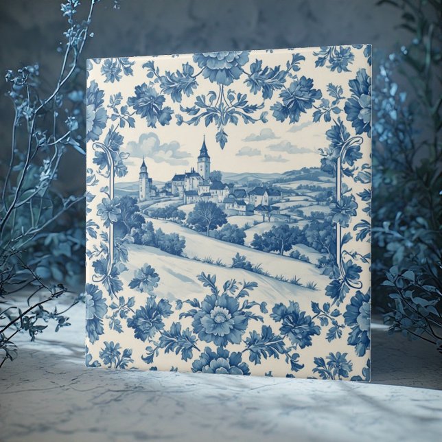 Elegant blå Toile De Jouy rustik trädgård  Kakelplatta (Elegant Blue Toile De Jouy Rustic Country Garden Ceramic Tile)