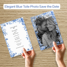 Elegant Blå Toile Foto Spara Datum Inbjudningar