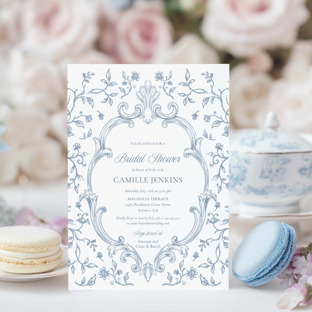 Elegant blå Toile-kam bröllopsdusch-inbjudan Inbjudningar (Classic Blue Crest and Toile Bridal Shower Invitation)
