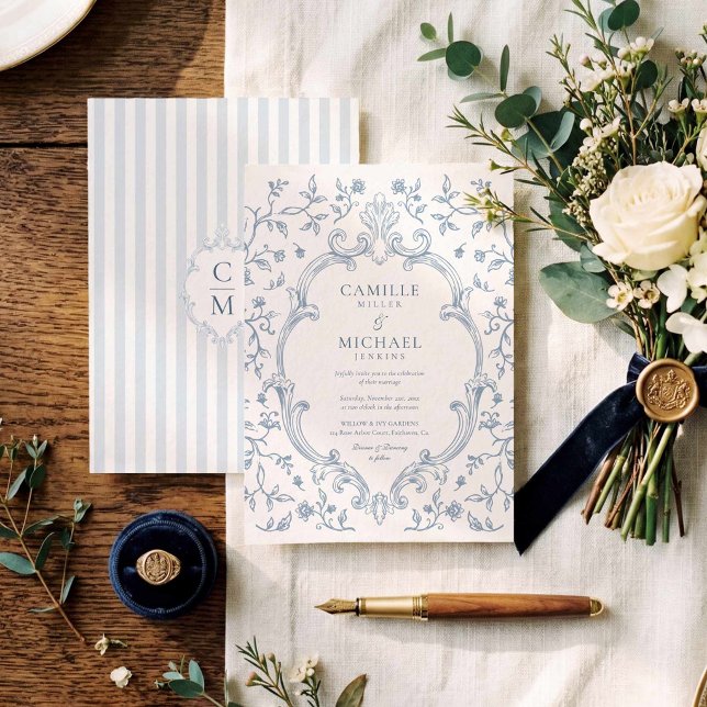 Elegant blå Toile-kambrerad bröllopsinbjudan Inbjudningar (Classic Crest Blue Stripe Wedding Invitation)