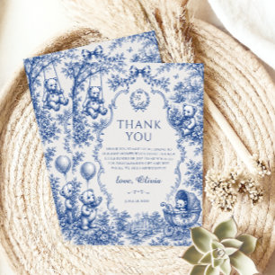 Elegant blå Toile Nalle Babyshower Tack Kort