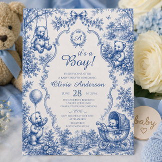 Elegant blå Toile Nalle Björn Det är en pojke Dusc Inbjudningar