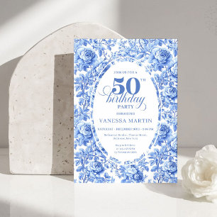 Elegant blå Toile Rose 50-års födelsedagsinbjudan Inbjudningar
