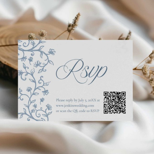 Elegant blå Toile RSVP QR bröllopskort OSA Kort (Blue Toile Wedding Rsvp Card with QR Code)