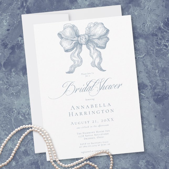 Elegant blå Toile-smycke Fransk bröllopsdusch Inbjudningar (Elegant Blue Toile Bow French Bridal Shower Invitation)