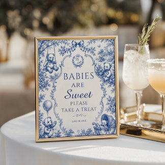 Elegant blå Toile Teddybjörn Baby Shower-godsaker Poster