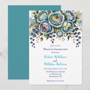 Elegant Blå turkos Blommigt Bröllop Firande Inbjudningar